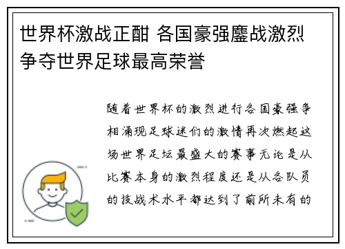 世界杯激战正酣 各国豪强鏖战激烈 争夺世界足球最高荣誉